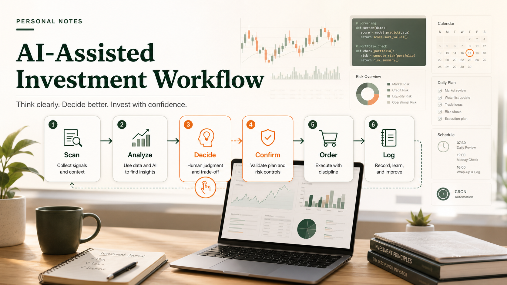 ภาพ workflow การลงทุนที่มีขั้นตอน Scan Analyze Decide Confirm Order และ Log โดยเน้นจุดตัดสินใจของมนุษย์