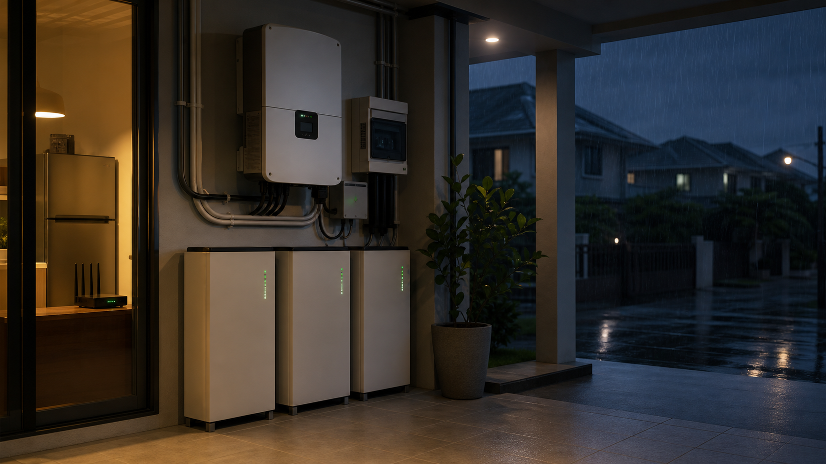 ระบบ inverter และ battery storage ของบ้านที่ยังจ่ายไฟสำรองในวันที่ฝนตกและไฟดับ