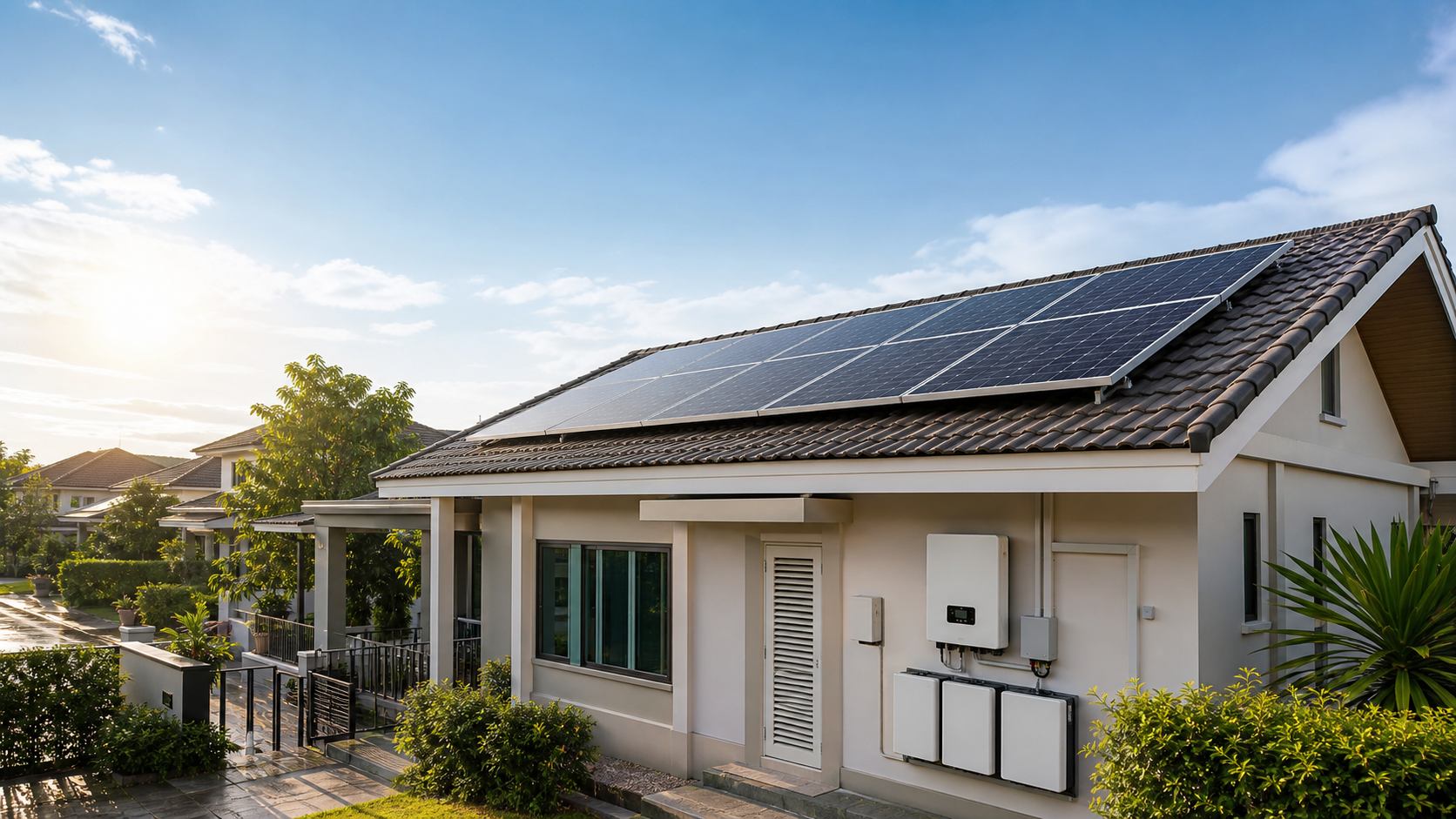 บ้านที่มีแผง Solar Cell บนหลังคา พร้อม inverter และ battery storage